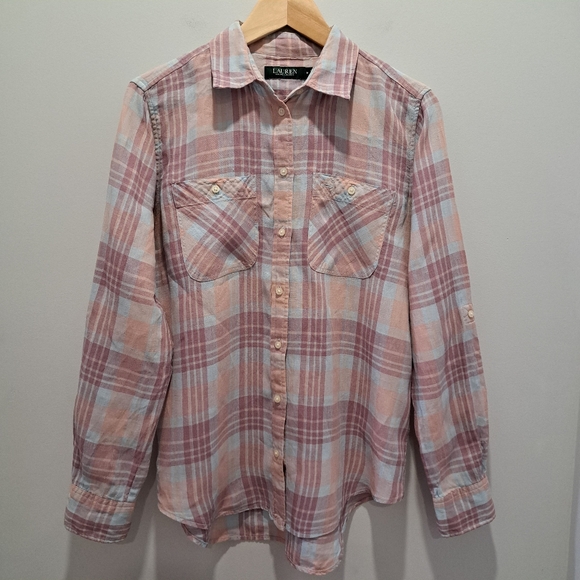 Lauren Ralph Lauren Tops - LRL Pastel Plaid Linen Button-Up Classic Coastal Cottage Preppy Shirt Womens M